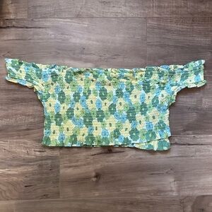 Floral Off-Shoulder Crop Top in Green and Yellow Breathable Stretchy
